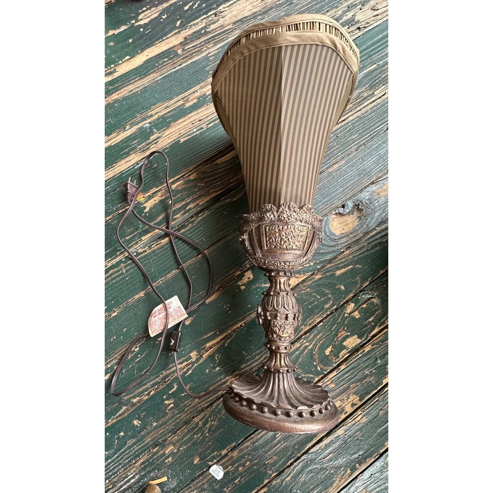JCPenney Vintage Style Bronze Ornate Urn Accent Lamp Striped Fan Shade A3623